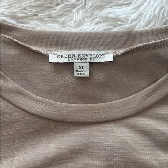 Green Envelope Taupe Twist Front Top XL Neutral Basic Short Sleeve Blouse - Picture 3 of 8